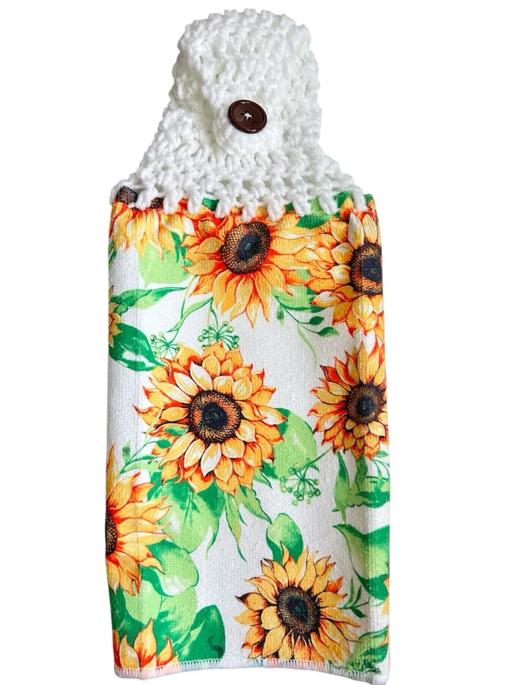 Hand Crafted Sunflower Hanging Kitchen Hand Towel - White, Yellow, Green